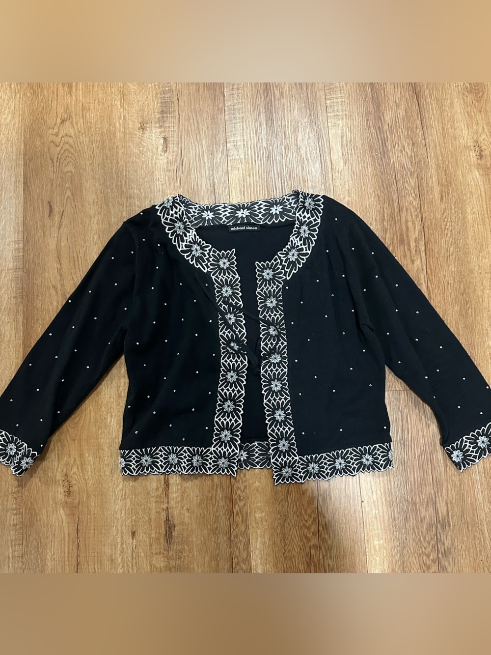 Michael Simon Black Floral Trim Sweater with Bead Accents